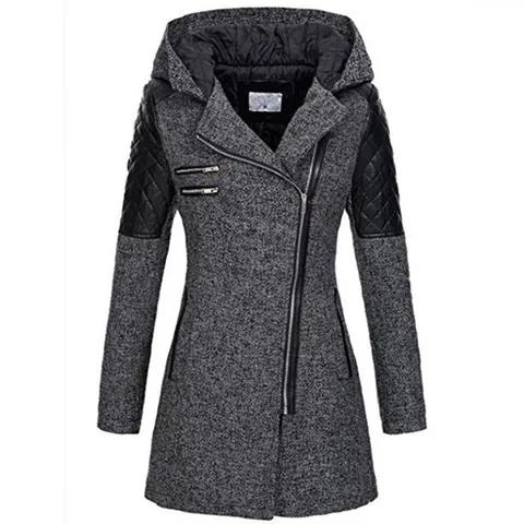 Giacca da Donna in Poliestere Patchwork Pelle PU Cappuccio Cerniera Asimmetrica Europea Maniche Trapuntate Slim Fit Cappotto a Vento Lunghezza Media