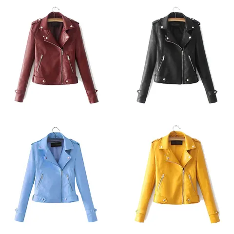 Women Slim Fit Faux Leather Biker Jacket PU Moto Outerwear Lapel Long Sleeve Zip Pocket Solid Color Vintage Street Fashion