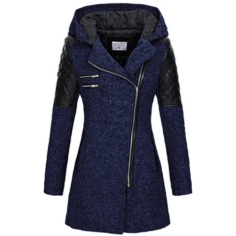 Giacca da Donna in Poliestere Patchwork Pelle PU Cappuccio Cerniera Asimmetrica Europea Maniche Trapuntate Slim Fit Cappotto a Vento Lunghezza Media