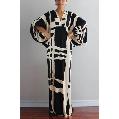 Women Plus Size Retro V Neck Bohemian Maxi Dress Polyester Printed Half Sleeve Loose Casual Long A-Line Holiday Dress