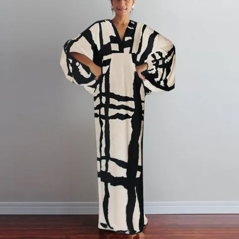 Women Plus Size Retro V Neck Bohemian Maxi Dress Polyester Printed Half Sleeve Loose Casual Long A-Line Holiday Dress