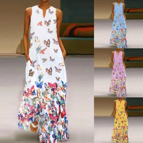 Women Artistic Ink Painting Butterfly Print V-Neck Sleeveless Maxi Dress With Pockets Summer Casual Boho A-Line Long Dress