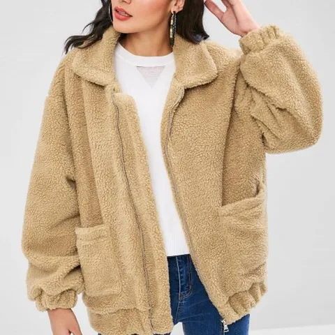 Women Fashion Zipper Teddy Fleece Jacket Casual Loose Solid Color Long Sleeve Plush Jacket Top With Pockets Warm Outerwear