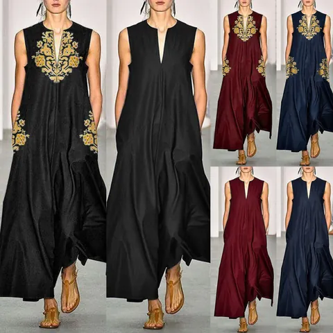 Robe Longue Vintage à Col en V Profond Sans Manches pour Femme Imprimé Ethnique Ample Grand Ourlet Robe de Soirée Longue été