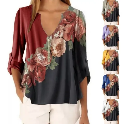 Vintage Damen V-Ausschnitt Blumendruck Patchwork Bluse Top Retro Kurzarm Polyester Mode Lässig Sommer T-Shirt Top Für Damen