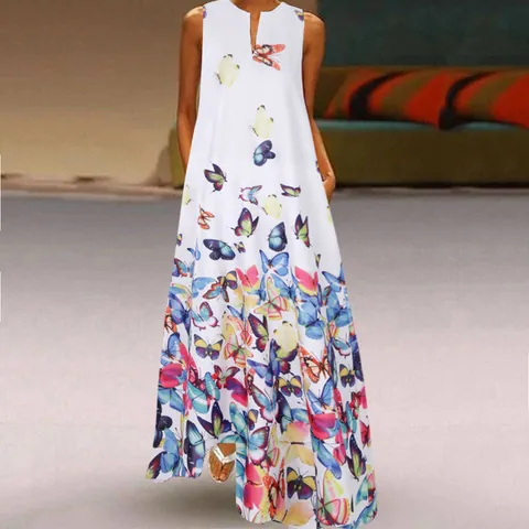 Women Artistic Ink Painting Butterfly Print V-Neck Sleeveless Maxi Dress With Pockets Summer Casual Boho A-Line Long Dress