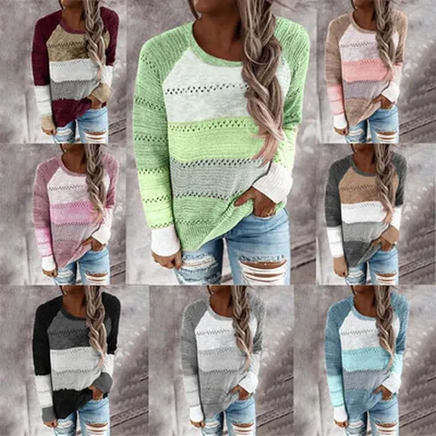 Damen Künstlerisch Vintage Farbblock Gestreift Ajourstrick Pullover Rundhals Langarm Strickpullover Top Für Herbst Winter