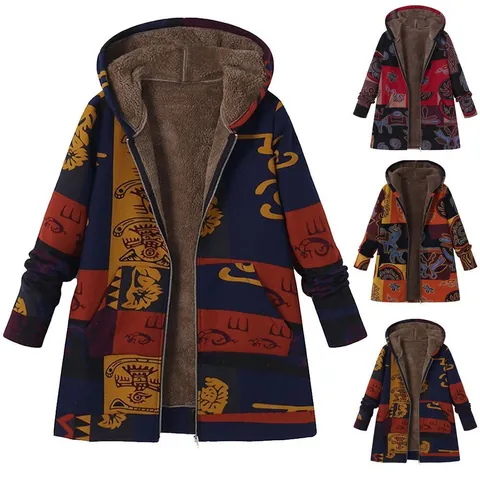 Women Vintage Printed Hooded Jacket Sherpa Lined Color Block Patchwork Zip Up Long Sleeve Outerwear Plus Size Retro Top