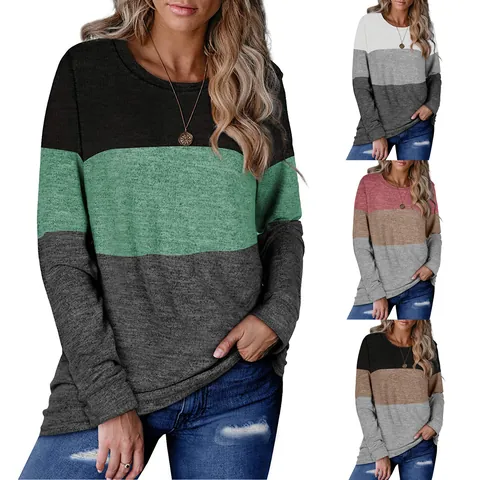 Women's Casual Color Block Pullover Sweatshirt Round Neck Long Sleeve Patchwork Top Autumn Winter Fashion Polyester Sweatshirt