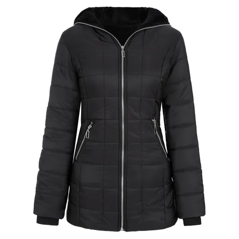 Manteau Rembourré d'Hiver pour Femmes Mi-long Doublure Polaire Veste Chaude Épais Vêtements d'Extérieur Matelassés avec Poches Zippées Couleur Unie Streetwear Décontracté
