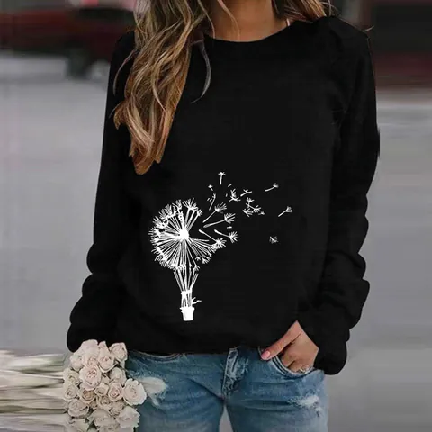 Women Casual Round Neck Sweatshirt Printed Long Sleeve Pullover Loose Top Vintage Floral Cat Dandelion Pattern Sweatshirt