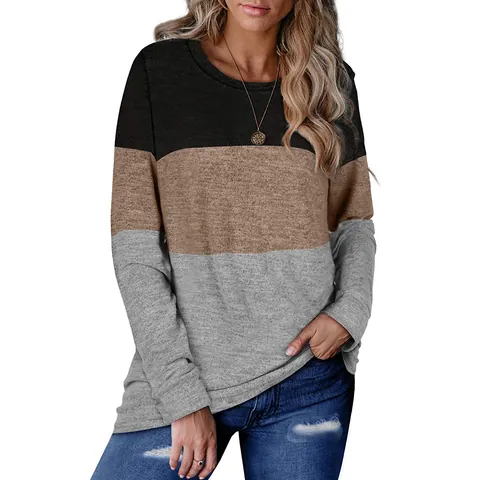 Women's Casual Color Block Pullover Sweatshirt Round Neck Long Sleeve Patchwork Top Autumn Winter Fashion Polyester Sweatshirt