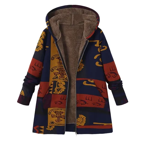 Women Vintage Printed Hooded Jacket Sherpa Lined Color Block Patchwork Zip Up Long Sleeve Outerwear Plus Size Retro Top