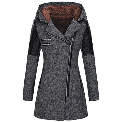 Women's Casual Mid-length Hooded Windbreaker Coat With Asymmetric Zipper Thick Winter Warm Faux Leather Patchwork Jacket