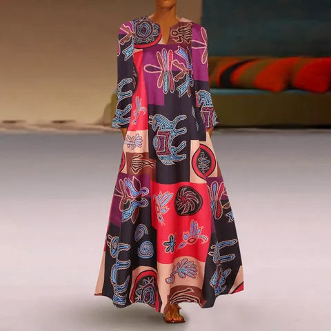 Robe Maxi Vintage Ethnique à Col en V pour Femmes Patchwork de Couleurs Décontracté Robe Longue Ample Avec Poches