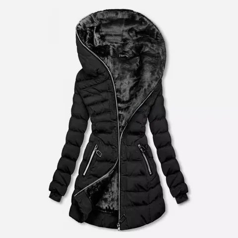 Manteau Rembourré d'Hiver pour Femmes Mi-long Doublure Polaire Veste Chaude Épais Vêtements d'Extérieur Matelassés avec Poches Zippées Couleur Unie Streetwear Décontracté
