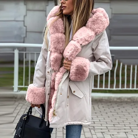 Women Hooded Puffer Jacket With Faux Fur Collar Winter Warm Long Sleeve Solid Color Zip Up Padded Coat Casual Outerwear Top