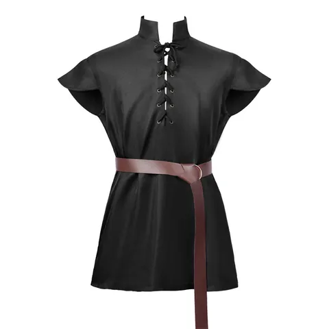 Medieval Renaissance Lace-Up Tunic Top For Women Halloween Cosplay Retro Stand Collar Cap Sleeve Shirt With Belt Plus Size Festival Performance Costume