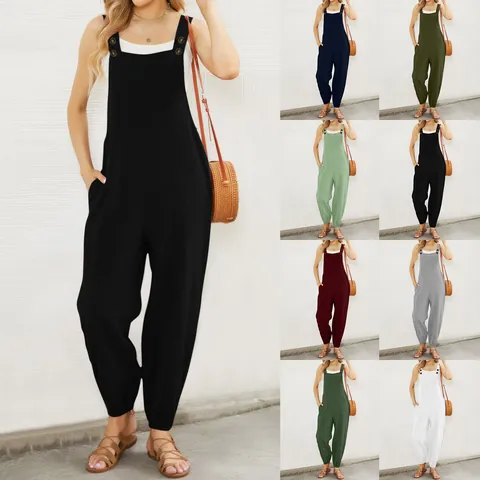 Women Cotton Linen Jumpsuit Solid Color Overalls With Pockets Button Adjustable Straps Casual Summer Loose Top And Bottom