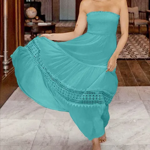 Dames Vintage Boheems Gesmokt Tube Top Maxi Jurk Effen Kleur Gesplitste Zoom Opengewerkt Kant Mouwloos Strand Lange Jurk