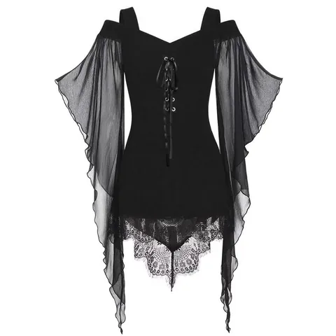 Top da Donna in Chiffon Gotico con Maniche a Campana Stringato Spalle Scoperte Camicetta con Bordo in Pizzo Irregolare Stile Streetwear Retro
