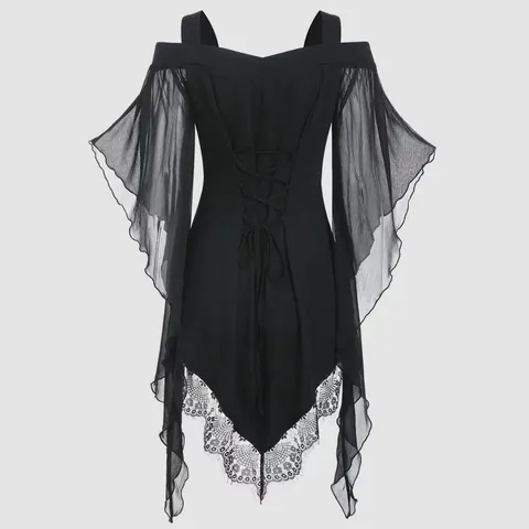 Top da Donna in Chiffon Gotico con Maniche a Campana Stringato Spalle Scoperte Camicetta con Bordo in Pizzo Irregolare Stile Streetwear Retro
