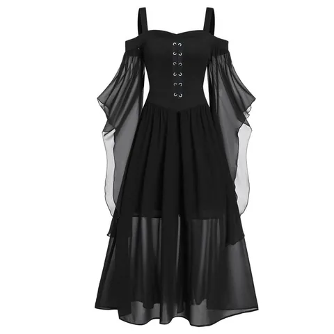 Gothic Witch Halloween Dress Women Irregular Patchwork Flared Bell Sleeves Lace Up Retro Party Cosplay Polyester Maxi Dress
