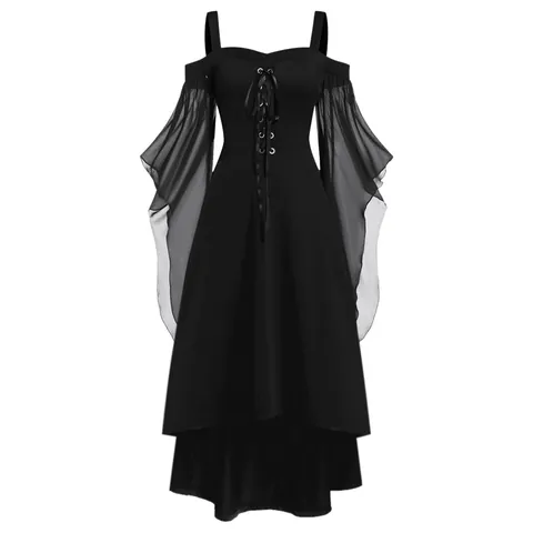 Vestido de Bruja Gótico para Mujer Mangas Acampanadas Irregulares Cordones Hombros Descubiertos Vestido Maxi Cosplay Halloween Retro
