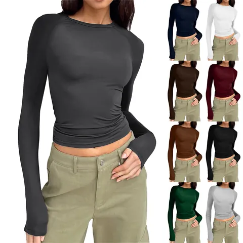 Women Casual Solid Color Raglan Long Sleeve T-Shirt Round Neck Slim Fit Basic Base Layer Top For Spring Autumn