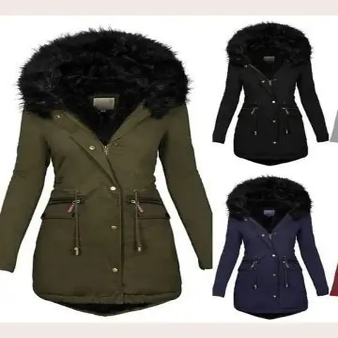 Women's Mid-Length Hooded Cotton Coat With Faux Fur Collar Thickened Warm Winter Parka Drawstring Waist Jacket Top