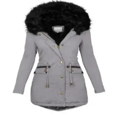 Women's Mid-Length Hooded Cotton Coat With Faux Fur Collar Thickened Warm Winter Parka Drawstring Waist Jacket Top