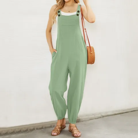 Women Cotton Linen Jumpsuit Solid Color Overalls With Pockets Button Adjustable Straps Casual Summer Loose Top And Bottom
