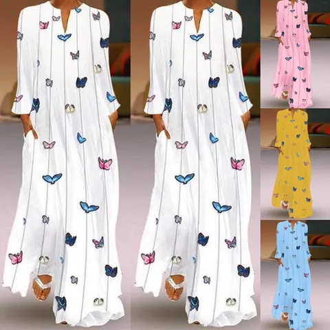 Robe Maxi Vintage pour Femmes Imprimé Papillon Col en V Avec Poches Manches Longues Style Rétro Bohème Décontracté Grande Taille