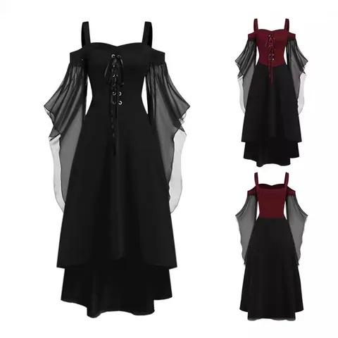Vestido de Bruja Gótico para Mujer Mangas Acampanadas Irregulares Cordones Hombros Descubiertos Vestido Maxi Cosplay Halloween Retro