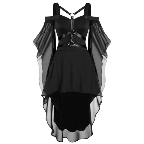 Gotische Heks Halloween Maxi Jurk Onregelmatige Patchwork Gaas Grote Uitlopende Mouw Vintage Punk Feestjurk Voor Dames