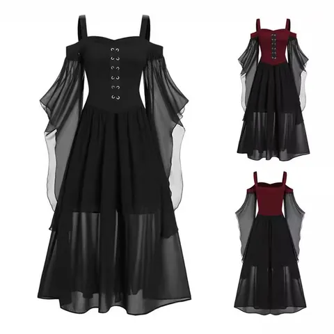 Gothic Witch Halloween Dress Women Irregular Patchwork Flared Bell Sleeves Lace Up Retro Party Cosplay Polyester Maxi Dress
