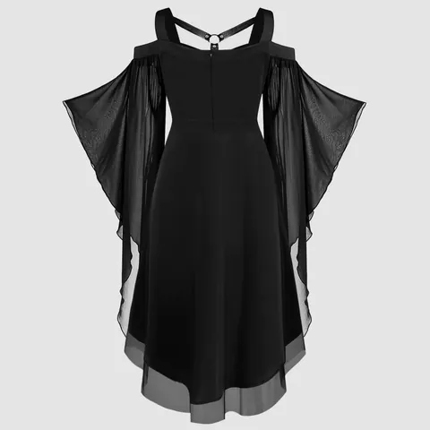 Gotische Heks Halloween Maxi Jurk Onregelmatige Patchwork Gaas Grote Uitlopende Mouw Vintage Punk Feestjurk Voor Dames