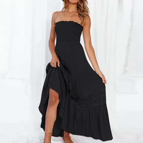 Dames Vintage Boheems Gesmokt Tube Top Maxi Jurk Effen Kleur Gesplitste Zoom Opengewerkt Kant Mouwloos Strand Lange Jurk