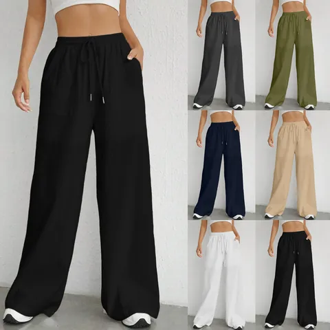 Dames Vintage Linnenmix Vrijetijdsbroek Wijde Pijpen Rechte Broek Trekkoord Elastische Taille Zakken Los Onderstuk Effen Kleur