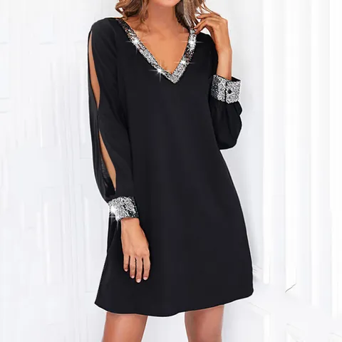 Γυναικείο Sexy Βαθύ V-Neck Φόρεμα με Πούλιες Patchwork Ακάλυπτοι Ώμοι Μακρύ Μανίκι Μονόχρωμο Casual Χαλαρό Mini Φόρεμα