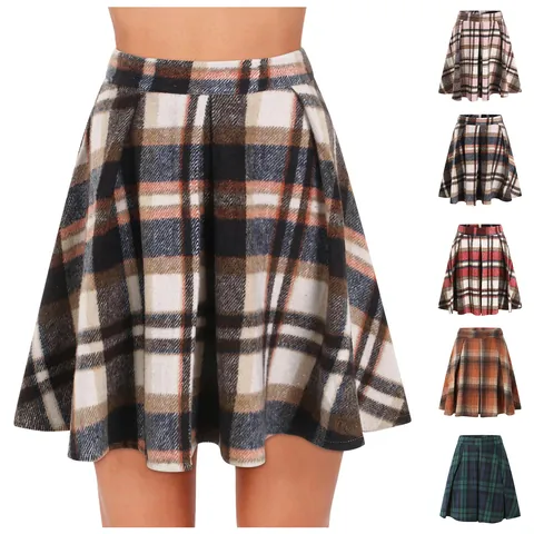 Women's High Waist Plaid Pleated Mini Skirt Retro Casual Tartan A-Line Skirt Fashion School Style Short Skirt