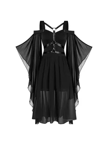 Vestido de Bruja Gótico Vintage de Halloween para Mujer Poliéster Patchwork de Malla Mangas de Campana Dobladillo Irregular Vestido Maxi