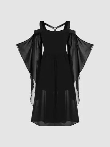 Vestido de Bruja Gótico Vintage de Halloween para Mujer Poliéster Patchwork de Malla Mangas de Campana Dobladillo Irregular Vestido Maxi