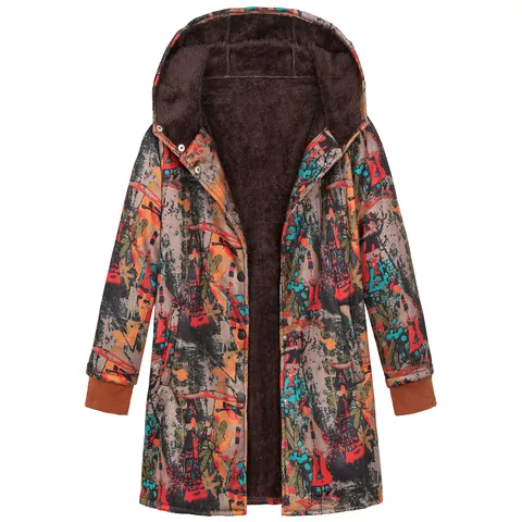 Women's Vintage Floral Print Hooded Jacket Fleece Lined Thick Cotton Coat Plus Size Long Sleeve Single Breasted Outerwear Top