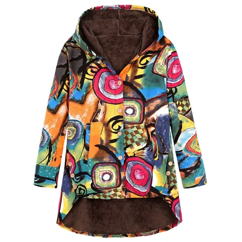 Women's Vintage Floral Print Hooded Coat Fleece Lined Mid-Long Winter Jacket With Buttons Irregular Hem Boho Outerwear