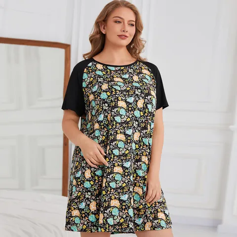 Women Plus Size Short Sleeve Nightgown Summer Loose Casual Floral Print Round Neck Contrast Raglan Sleeve Nightdress Homewear