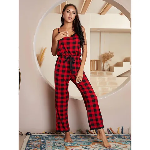 Women Casual Red Black Buffalo Plaid Spaghetti Strap Jumpsuit Pajamas Sleeveless Lace Trim Drawstring Waist Top And Bottom