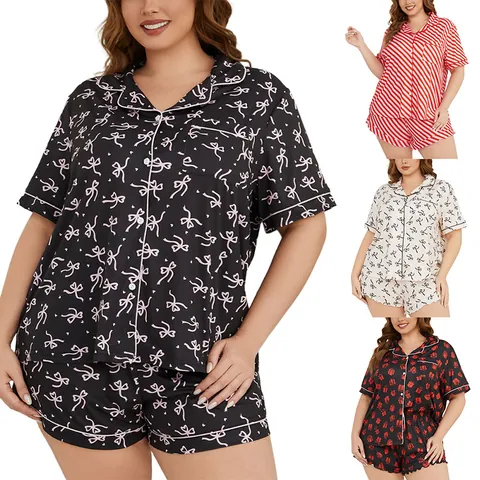 Plus Size Women Loungewear Set Short Sleeve Button Up Lapel Top And Ruffle Shorts Black Pink Bow Striped Pajama Set