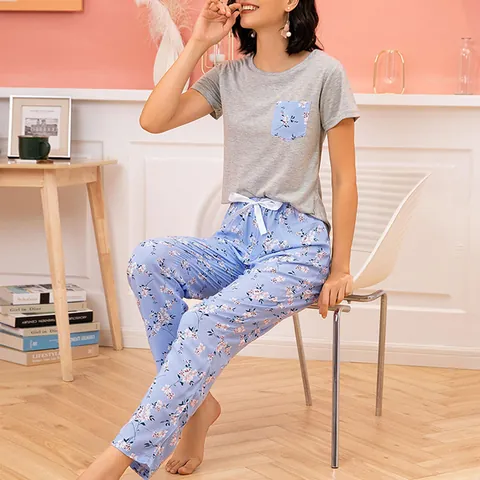 Women Pajama Set Casual Short Sleeve Top And Bottom Floral Zebra Pattern Viscose Loungewear Soft Comfortable Homewear Sleepwear Set