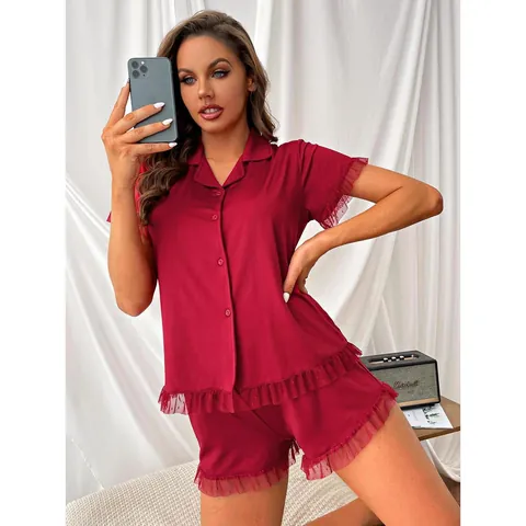 Women's Pajama Set Short Sleeve Button Down Top And Bottom Sleepwear With Lace Ruffle Trim Polka Dot Mesh Loungewear